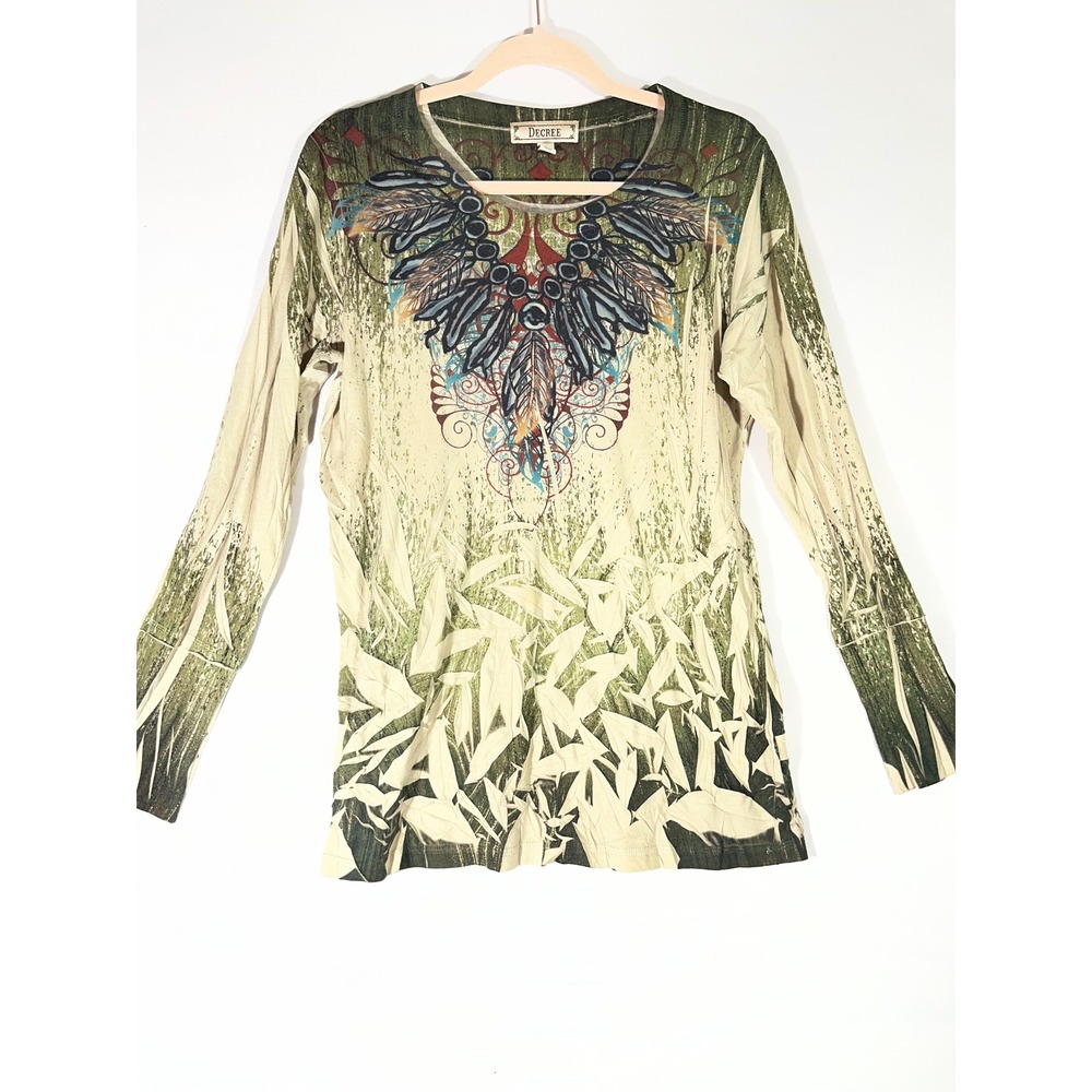 DECREE Graphic LS Tee Women XL Green Nature Boho Tribal Inspired Wings Design